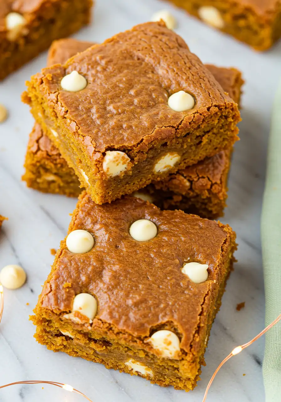 Pumpkin blondies on a white marble surface.