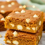 Pumpkin blondies on a marble surface and a light green napkin behind.