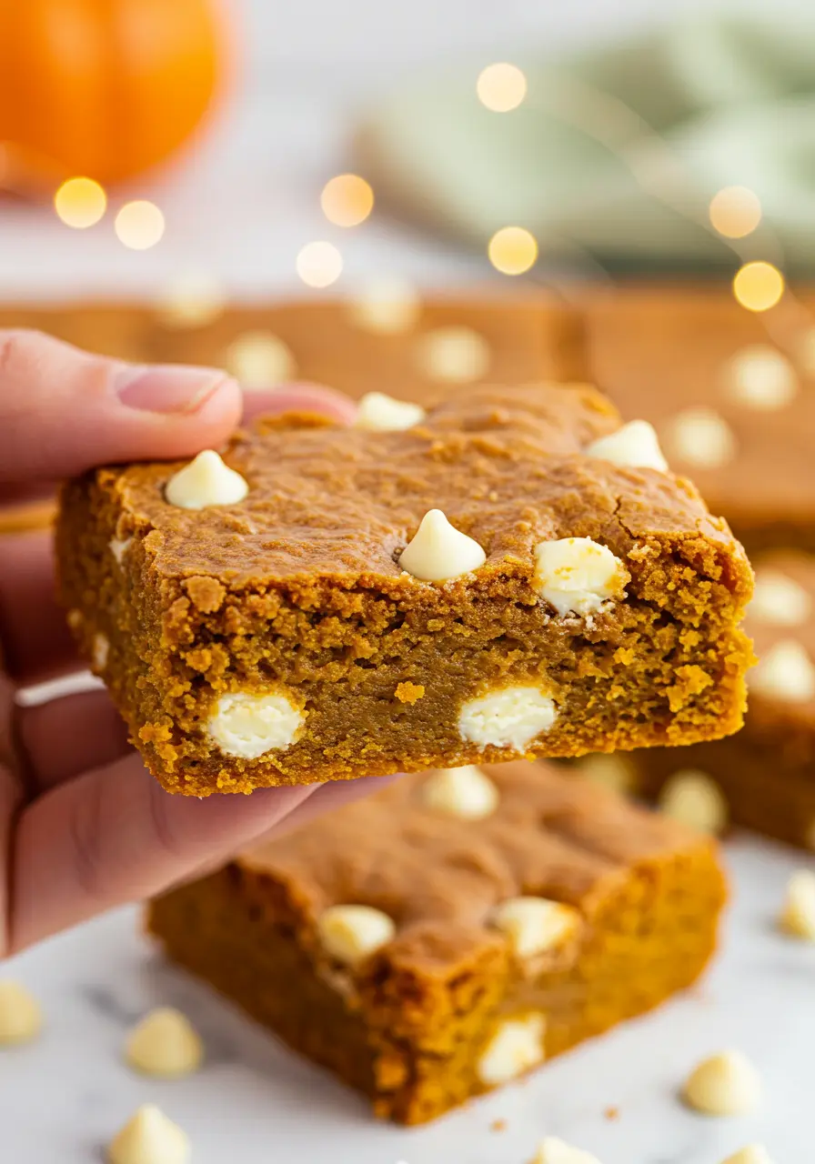 A hand holding a pumpkin blondie.