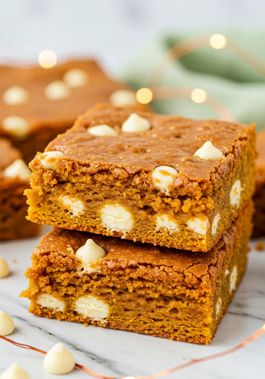Pumpkin blondies on a marble surface and a light green napkin behind.