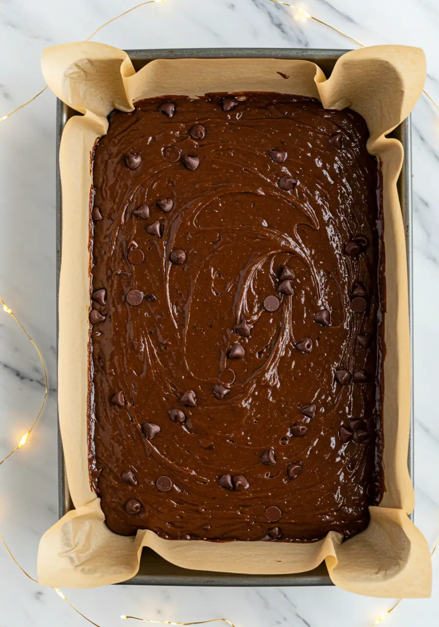 Pumpkin brownies batter in a baking pan lined with parchment paper.