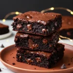 A stack of pumpkin brownies on a dark orange plate, with some led string glowing around.