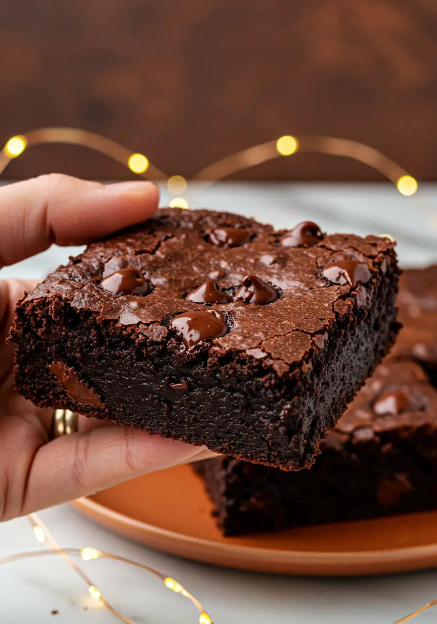 A hand gently holding a pumpkin brownie.