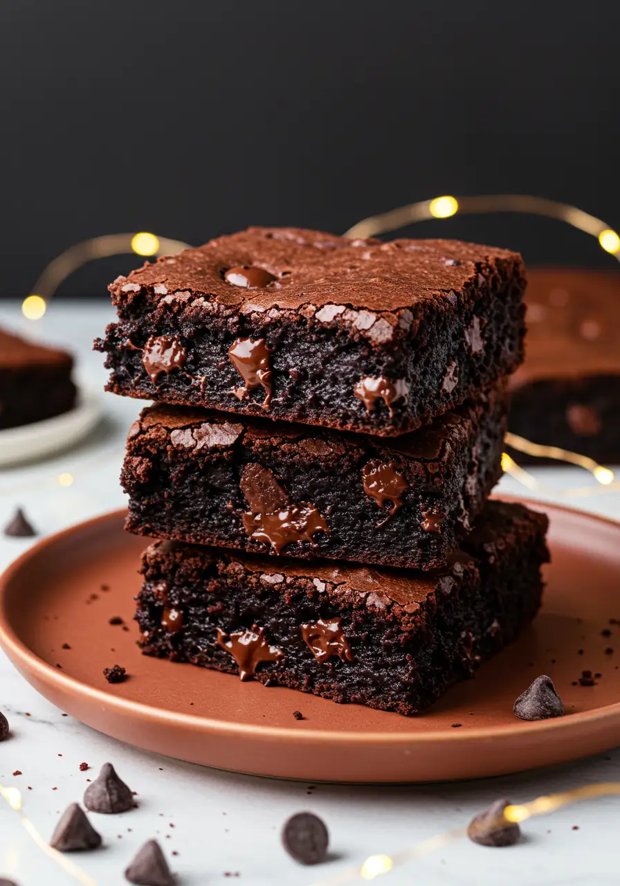 A stack of pumpkin brownies on a dark orange plate, with some led string glowing around.