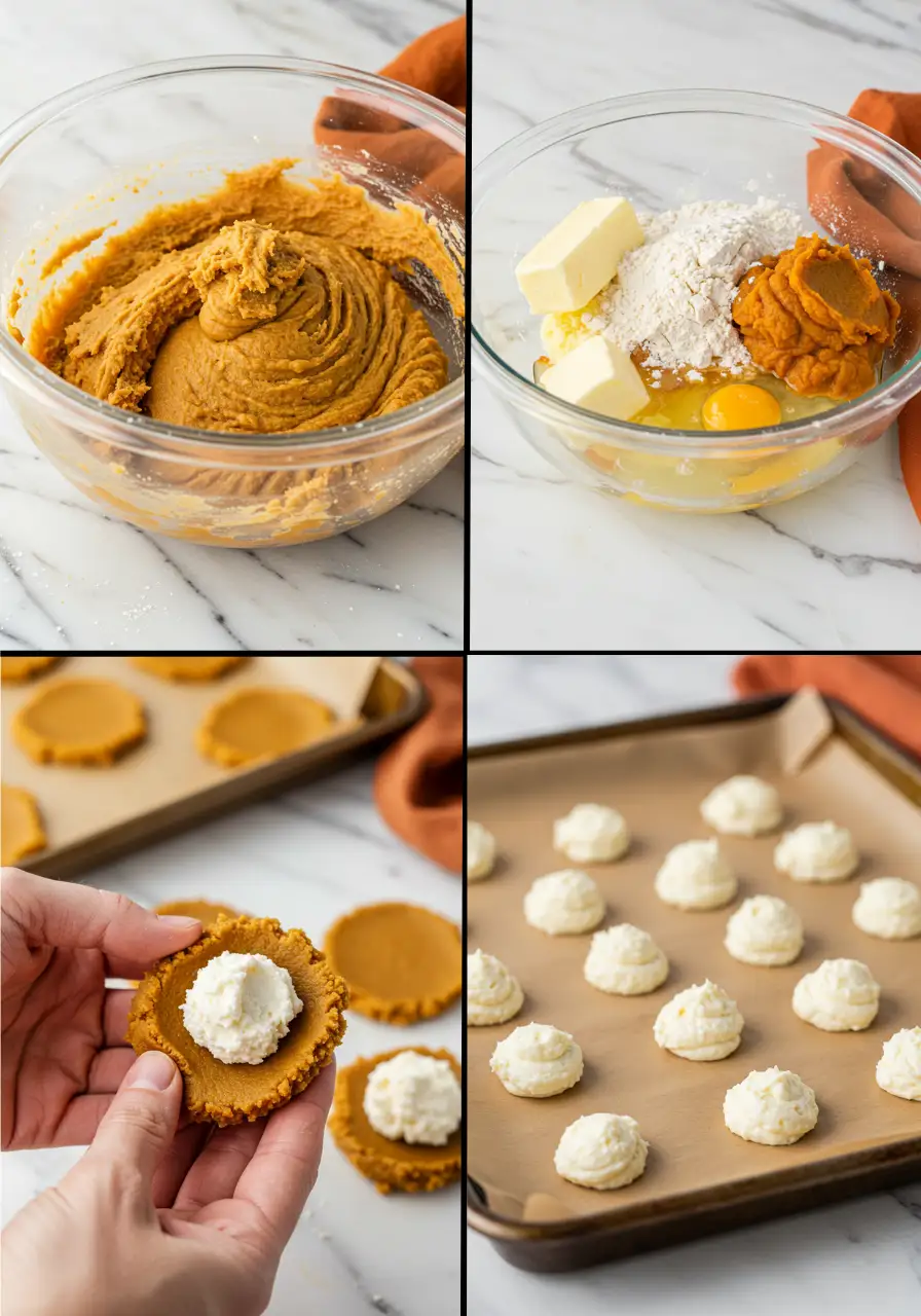 Steps for making pumpkin cheesecake cookies.