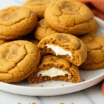 Pumpkin cheesecake cookies on a white plate, and some cookies broken in half.