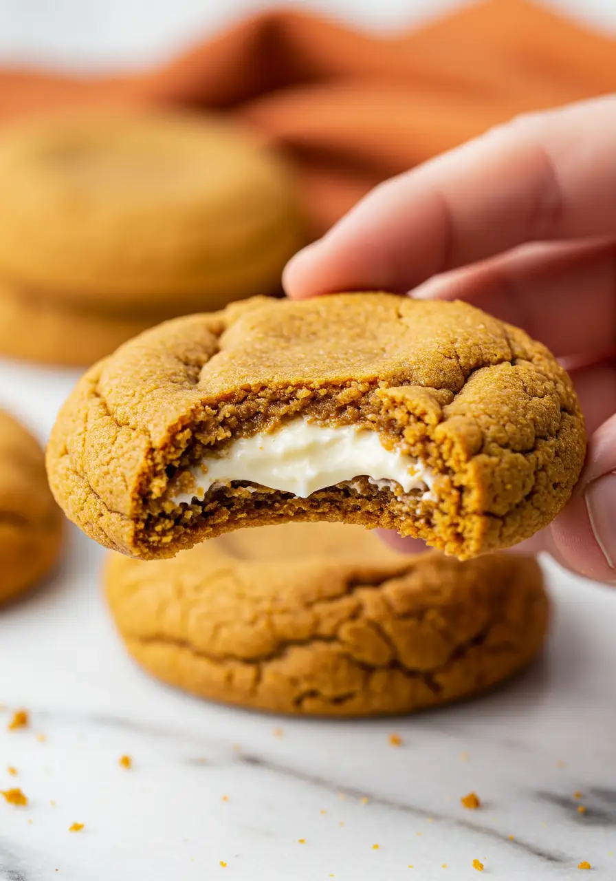  hand holding a pumpkin cheesecake cookie with a bite taken out of it.