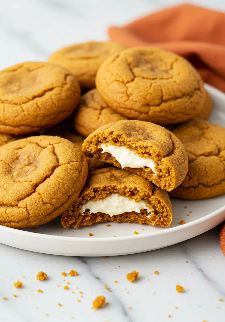 Pumpkin cheesecake cookies on a white plate, and some cookies broken in half.