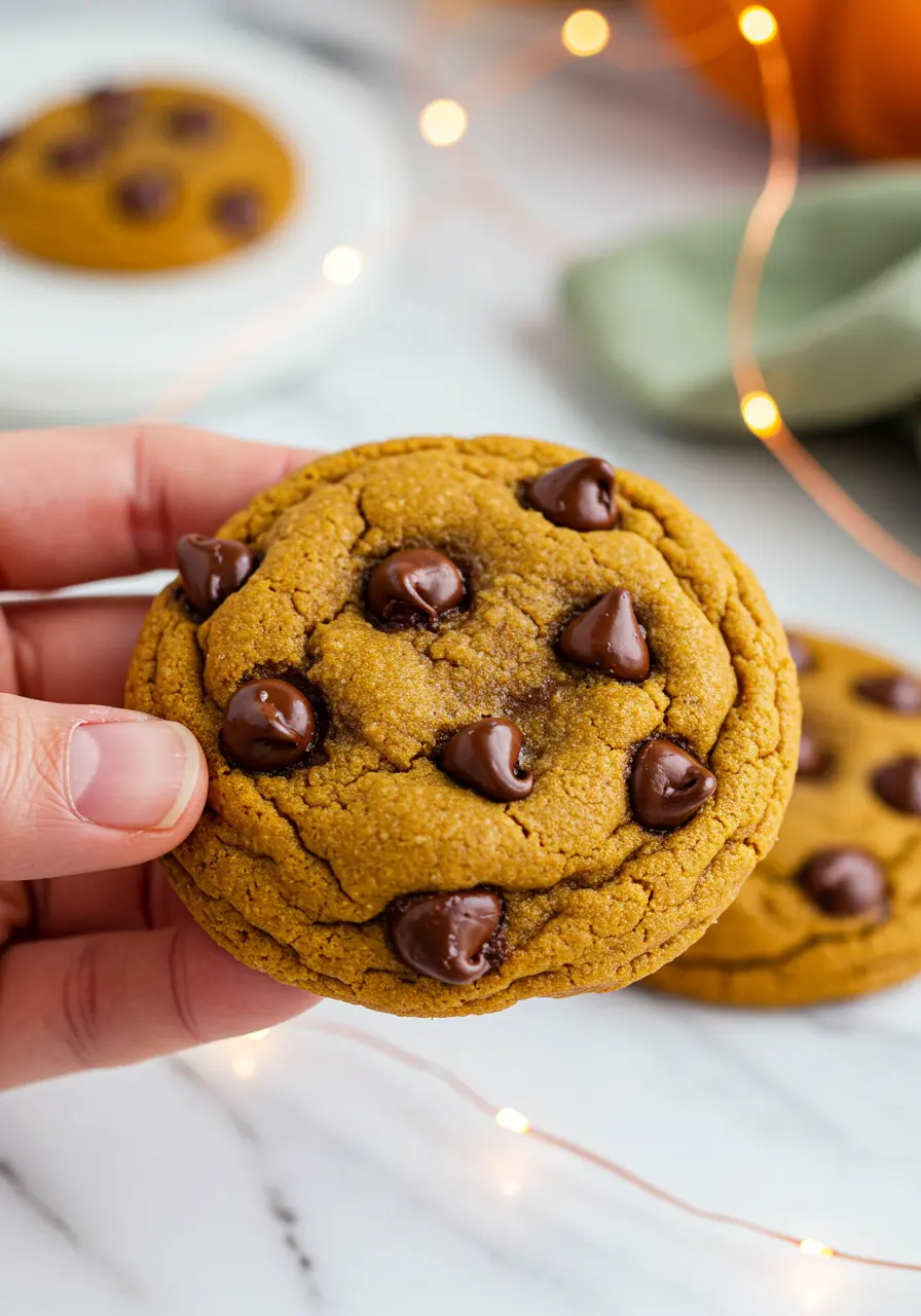 A hand holding a pumpkin chocolate chip cookie.