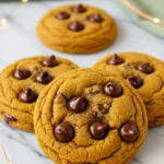 Pumpkin chocolate chip cookies on a marble surface.