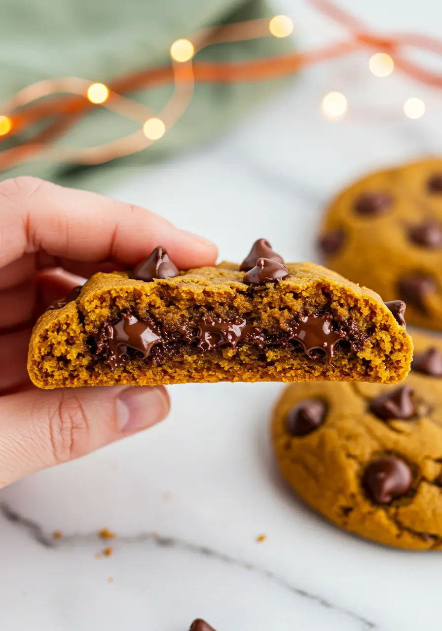 A hand holding a pumpkin chocolate chip cookie with a bite taken out of it.