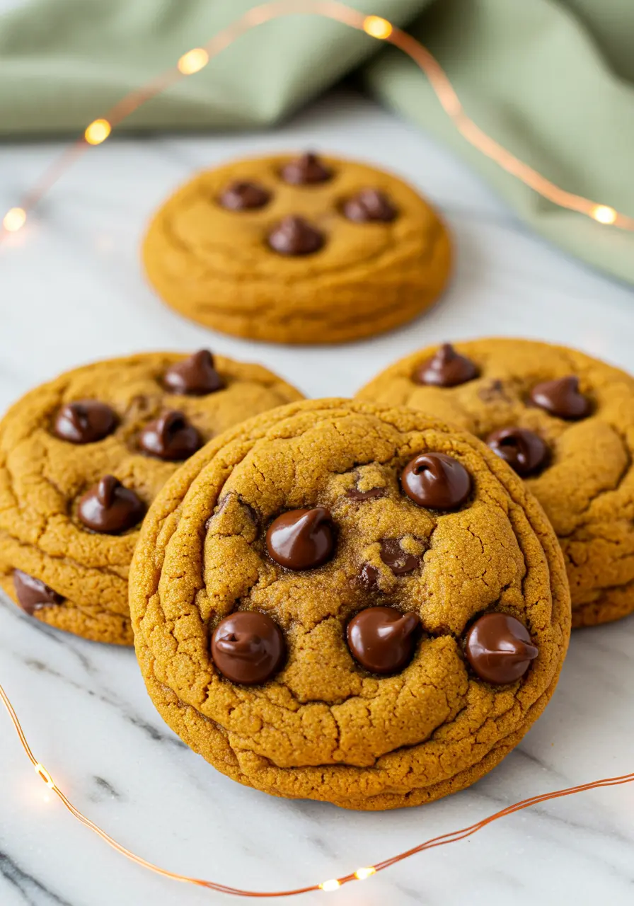 Pumpkin chocolate chip cookies on a marble surface.
