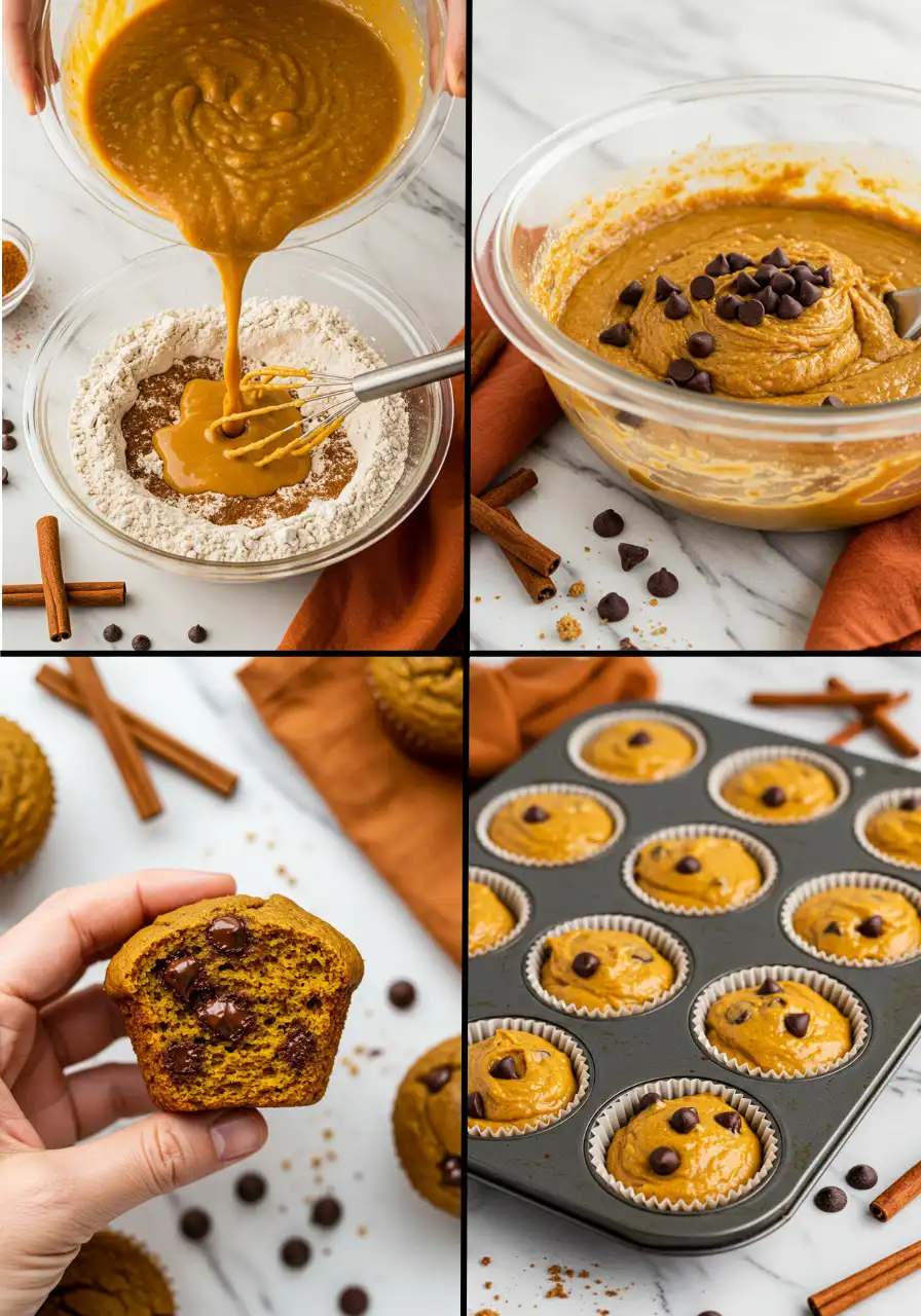 Four-step collage showing the process of making pumpkin chocolate chip muffins.