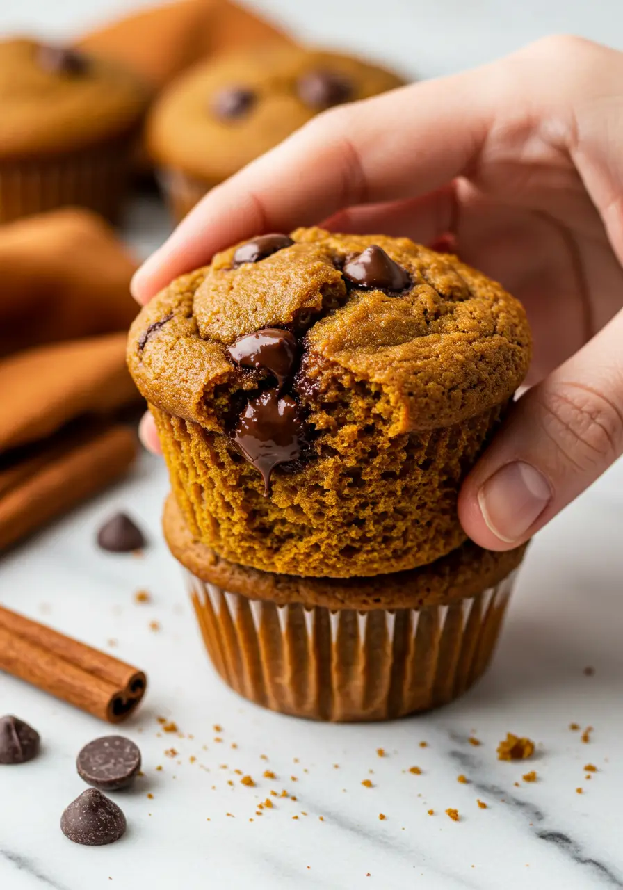 A hand holding a pumpkin chocolate chip muffin.