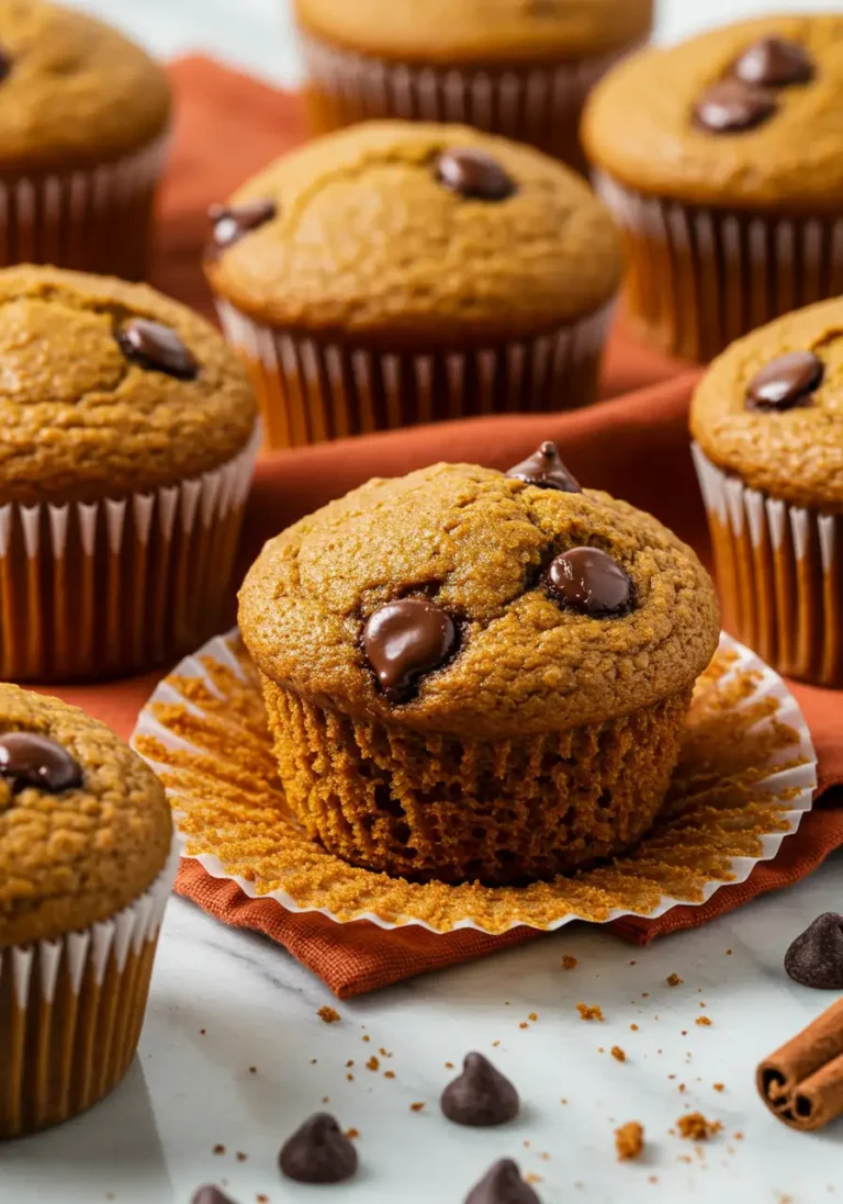 Pumpkin chocolate chip muffins above a dark orange napkin and some chocolate chips around.