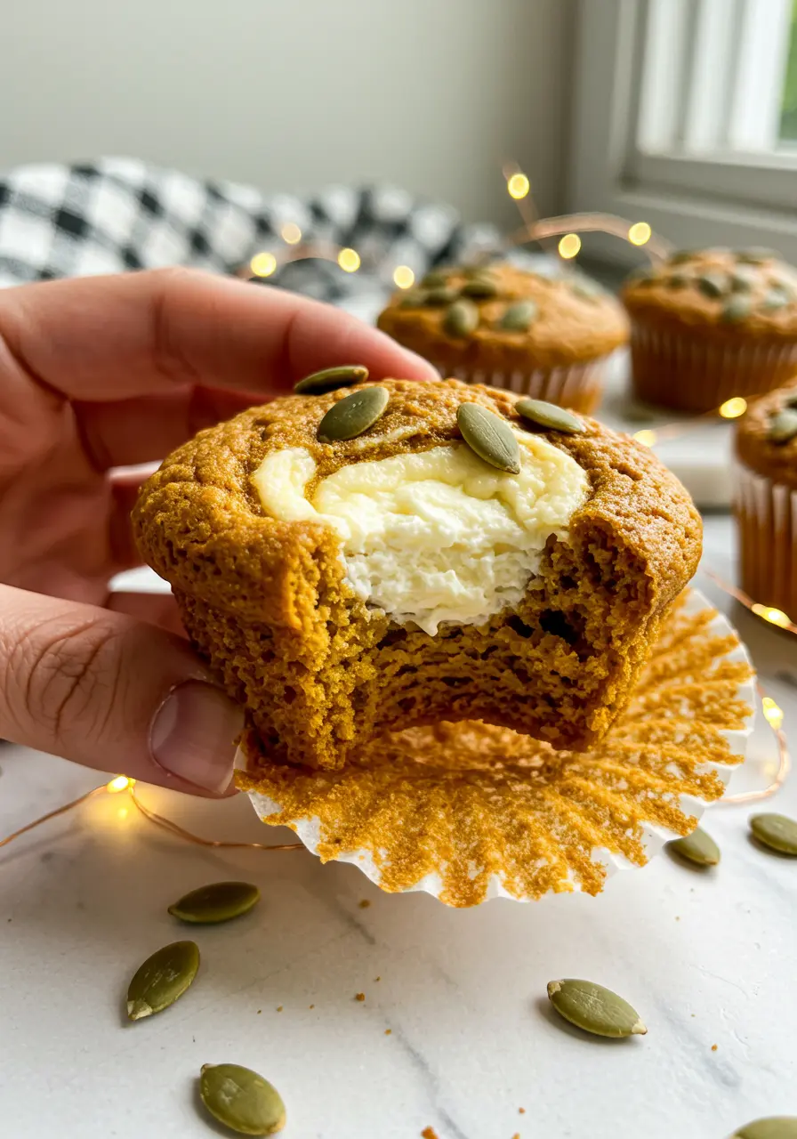 A hand holding one pumpkin cream cheese muffin with a bite taken out of it.