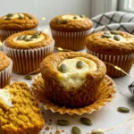 Pumpkin cream cheese muffins on a white marble surface.