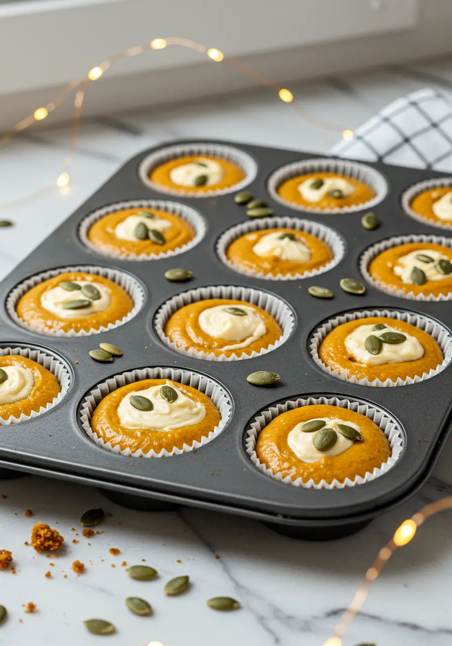 Pumpkin cream cheese muffins batter in a twelve-cup muffin tin.