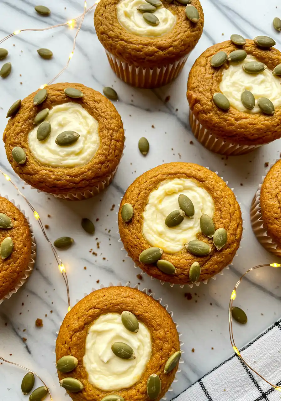 Pumpkin cream cheese muffins on a marble surface topped with toasted pumpkin seeds.