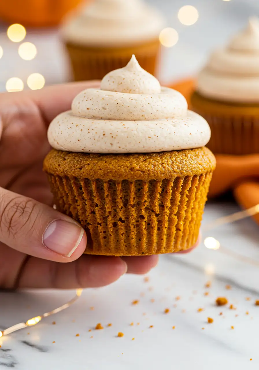 A hand holding a pumpkin cupcake with cinnamon frosting on it.