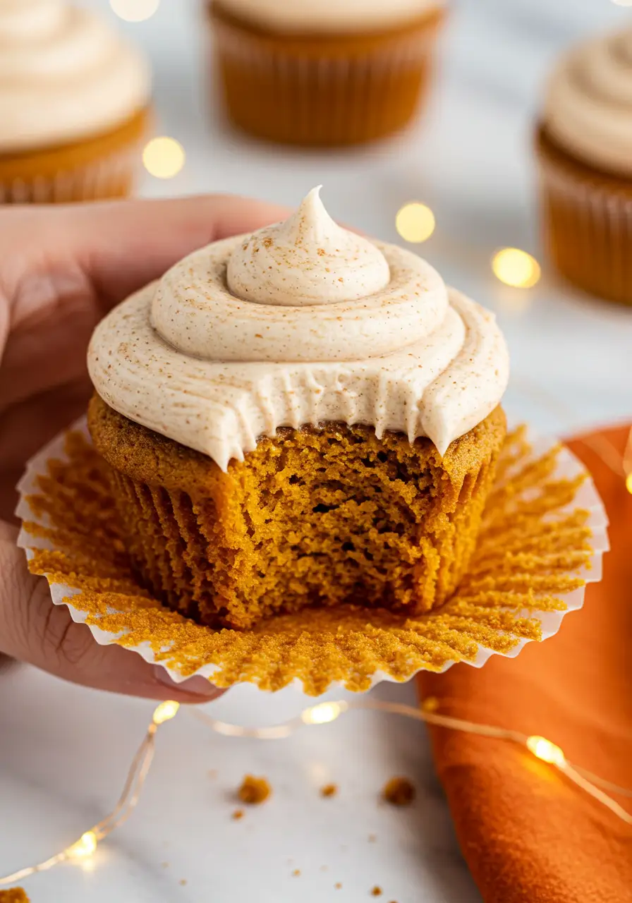 A hand holding a pumpkin cupcake with a bite taken out of it.