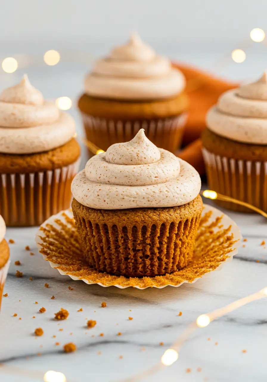 Pumpkin cupcakes on a white marble surface with led string glowing around.