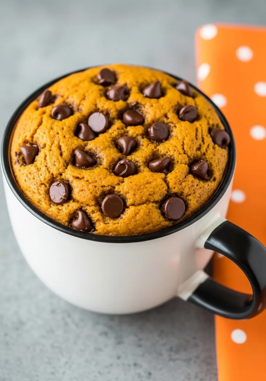 Pumpkin mug cake in a white mug with an orange napkin beside it.