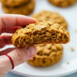 A hand holding a single pumpkin oatmeal cookie with a bite taken out of it.