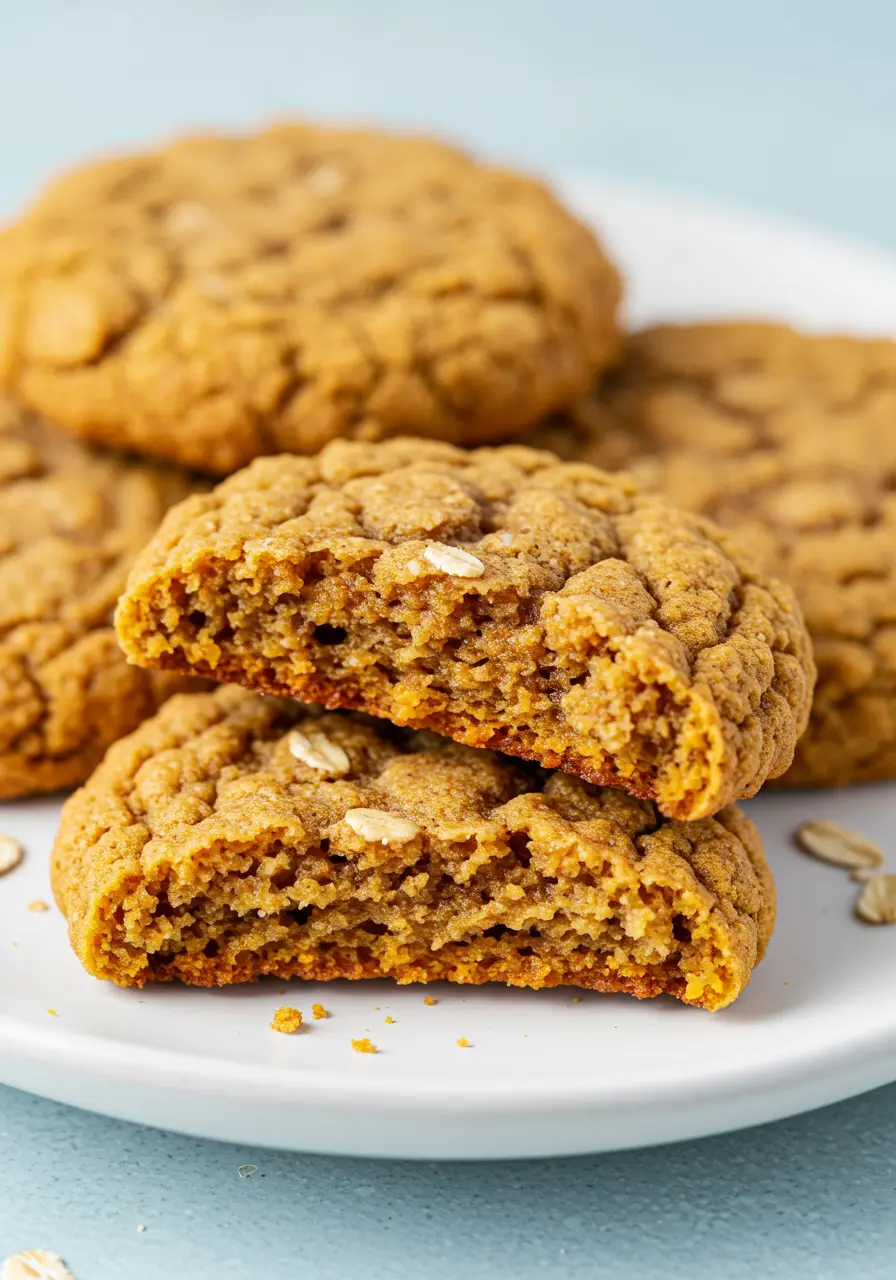 Pumpkin oatmeal cookies on a white plate against a light blue surface.