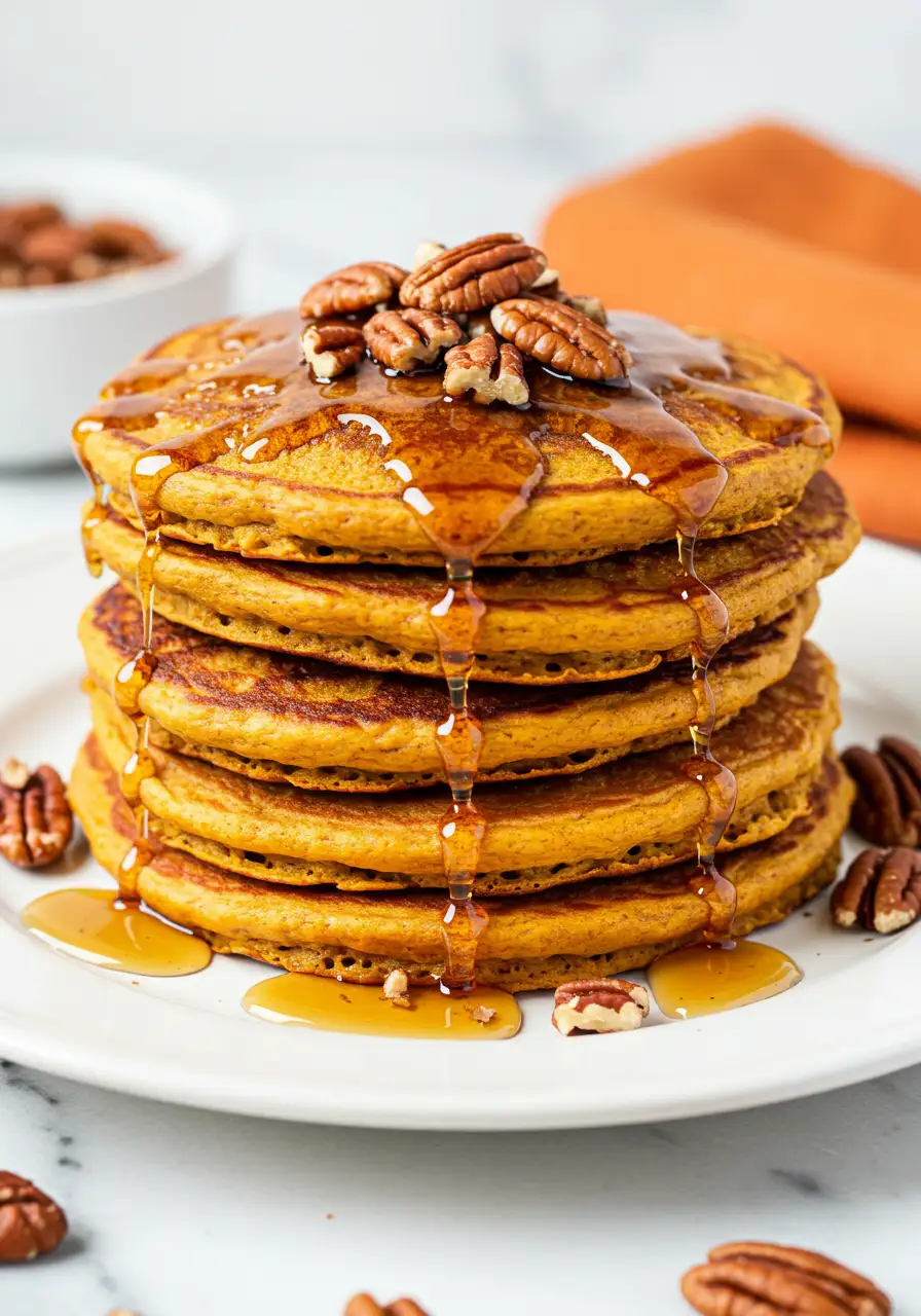 Pumpkin pancakes on a white plate against a white marble surface topped with maple syrup and crushed pecans.