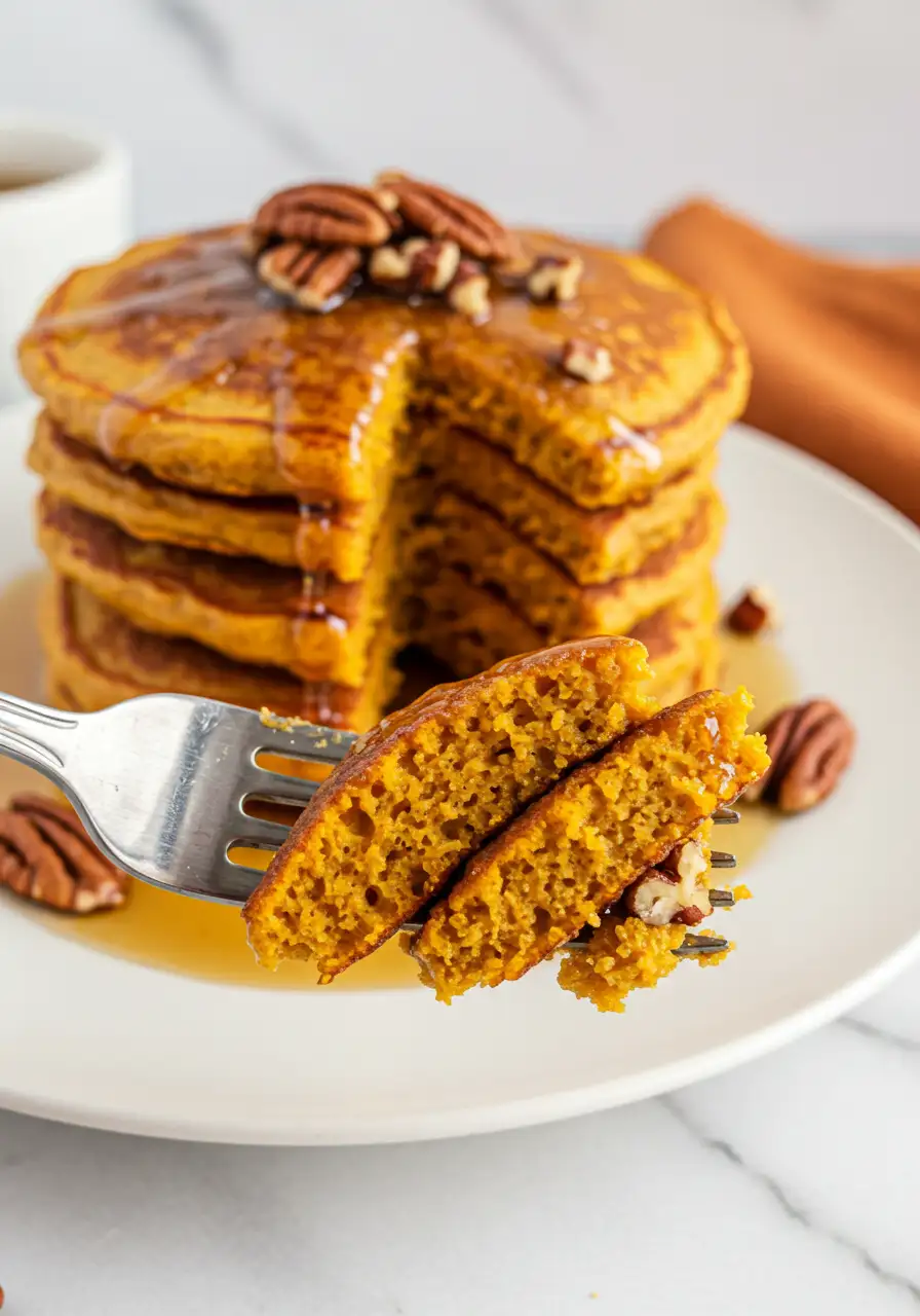 Pumpkin pancake bite on a fork with a stack of pancakes in the background.