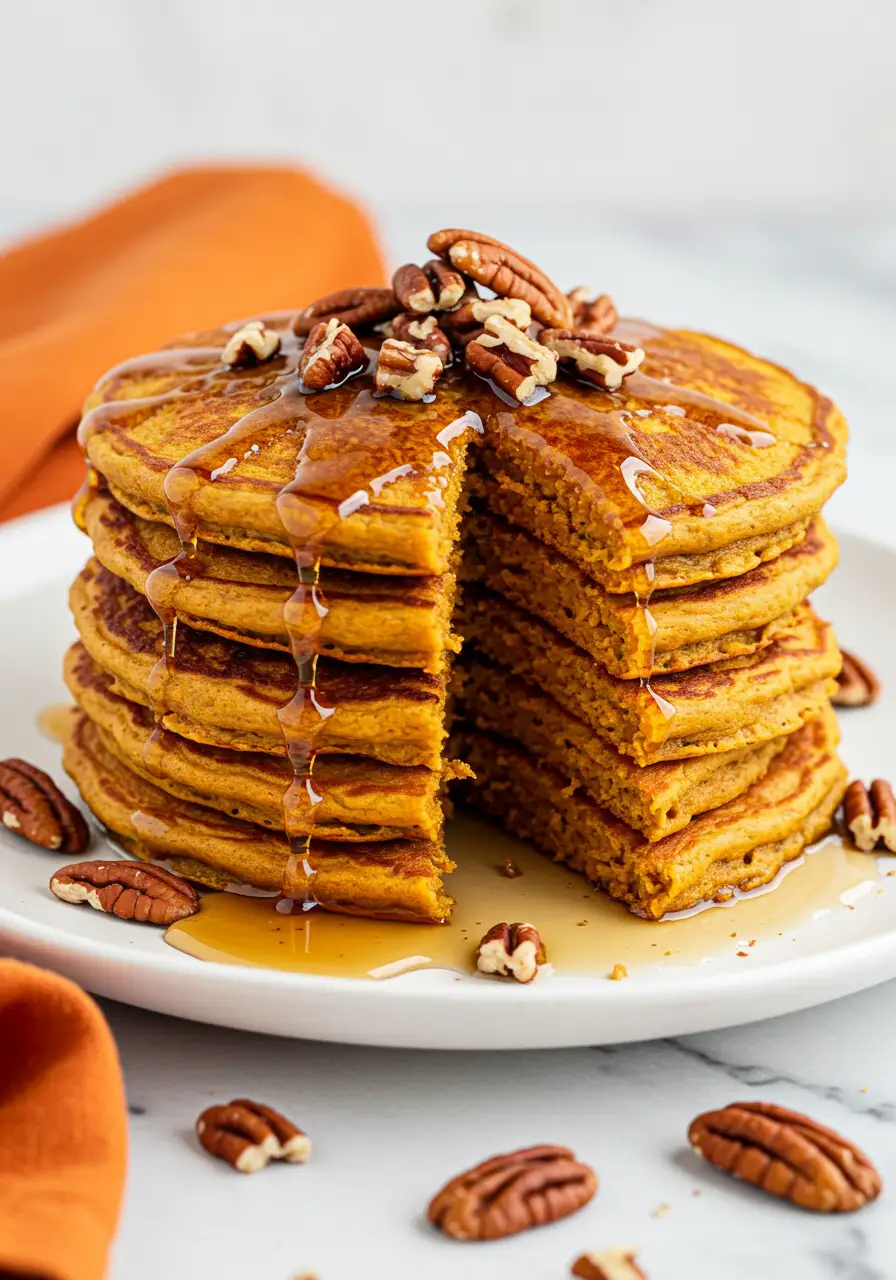 Pumpkin pancakes with a serving taken out of it on a white plate against a white marble surface.
