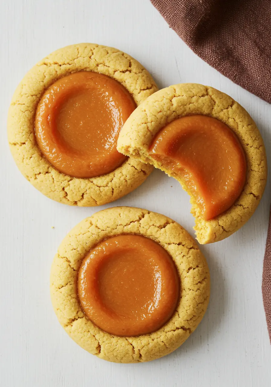 Three pumpkin pie cookies on a white surface and one of them has a bite missing.