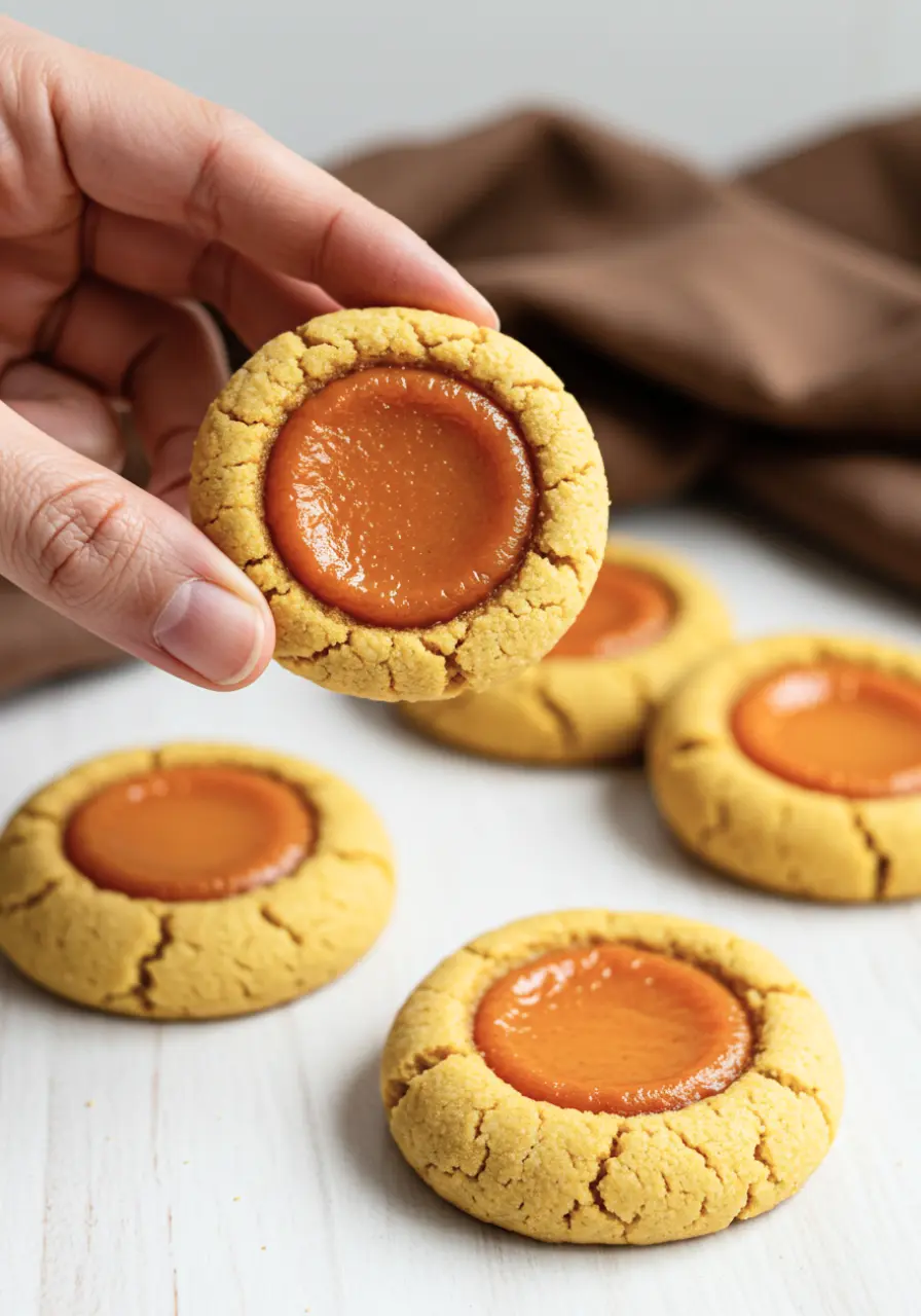 A hand holding a pumpkin pie cookie.