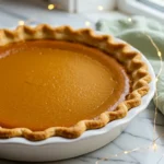 Pumpkin pie in a white pie dish against a white marble surface.
