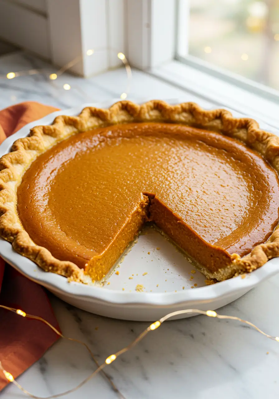 Pumpkin pie in a white pie dish with a slice missing.