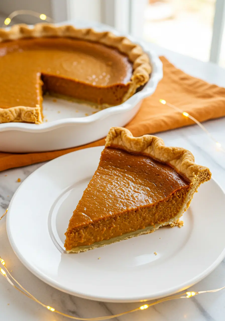 Slice of pumpkin pie on a white plate with the rest of the pie in the background.