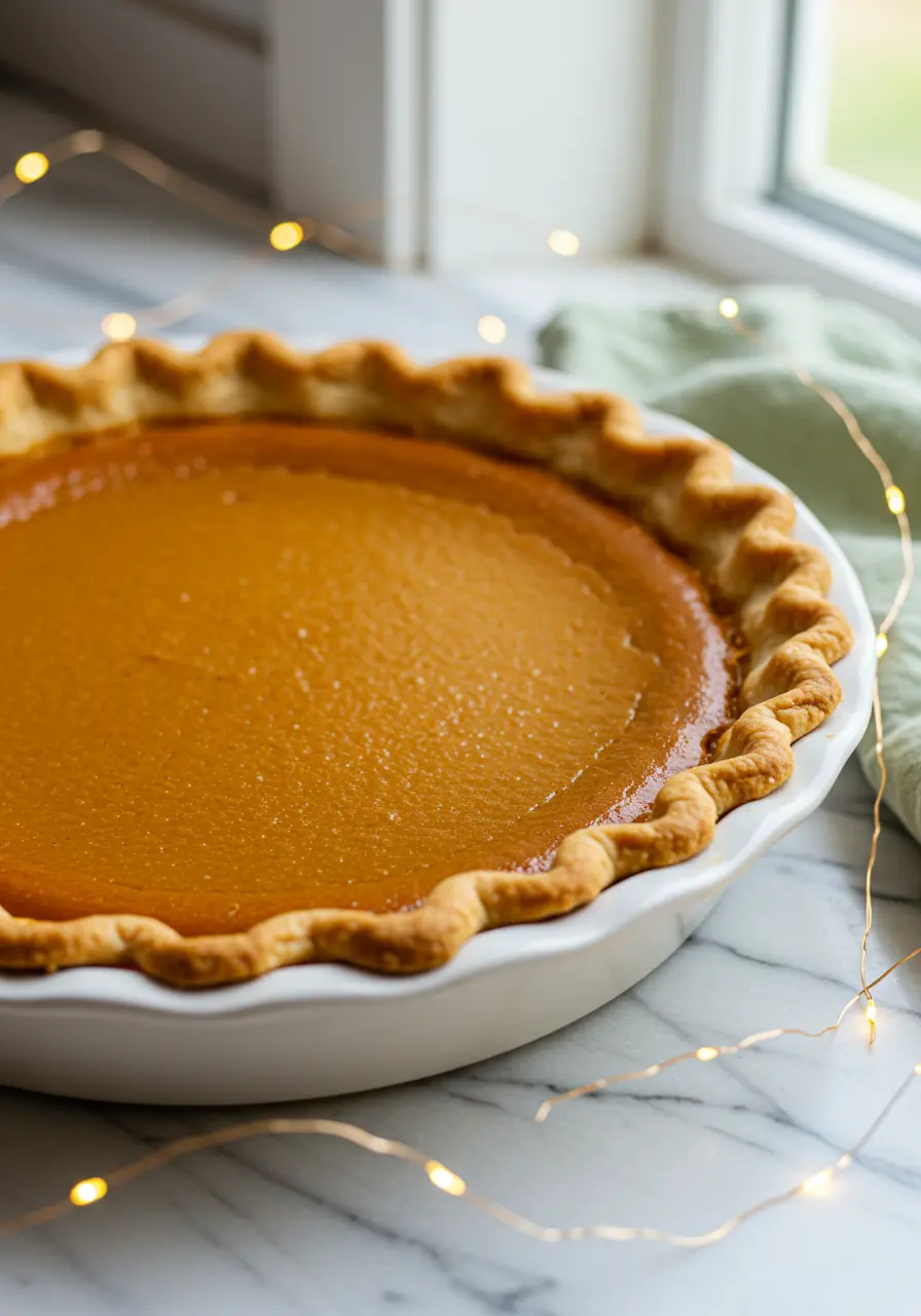 Pumpkin pie in a white pie dish against a white marble surface.