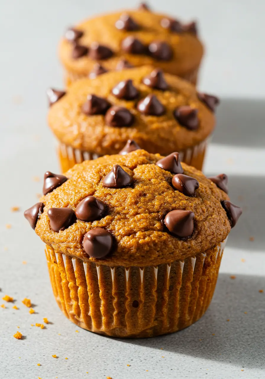 Three pumpkin protein muffins arranged on a light gray surface.