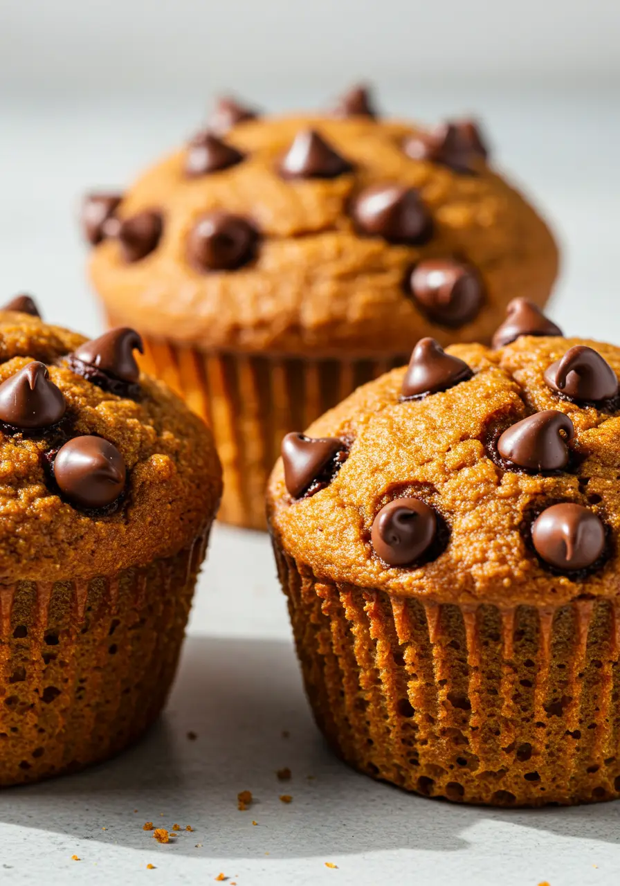 Pumpkin protein muffins on a light gray surface.