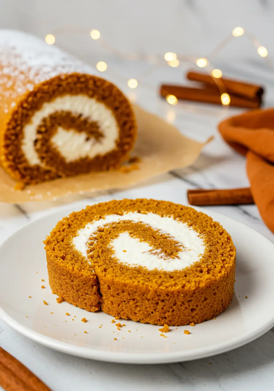 A slice of pumpkin roll on a white plate with an orange napkin next to it and a few led strings glowing around.