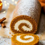 Pumpkin roll with a slice cut from it on a parchment paper against a white marble surface.