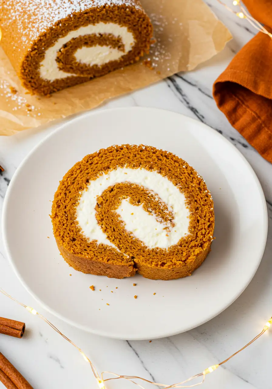 A slice of pumpkin roll cake on a white plate against a white marble surface.