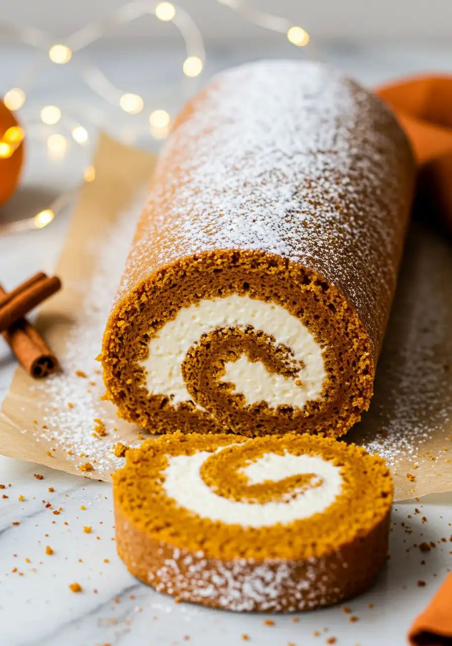 Pumpkin roll with a slice cut from it on a parchment paper against a white marble surface.