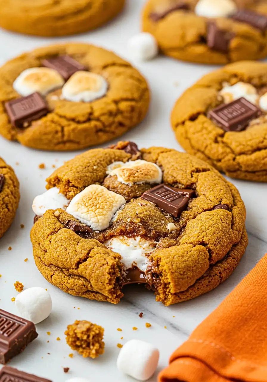 Pumpkin s'mores cookies on a marble surface. and an orange napkin around.