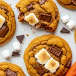 Pumpkin s'mores cookies on a white marble surface.