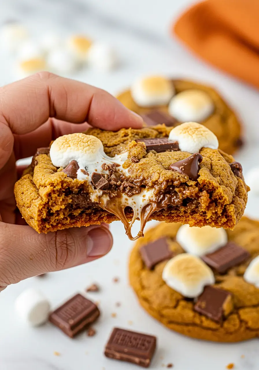 A hand holding a pumpkin s'mores cookie with a bite taken out of it.