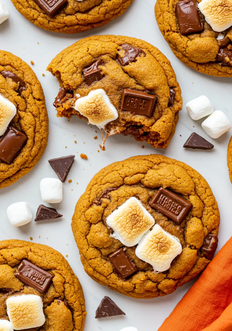 Pumpkin s'mores cookies on a white marble surface.