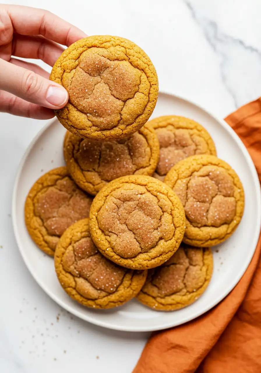 Pumpkin snickerdoodle cookies on a white plate and a hand holding one cookie.