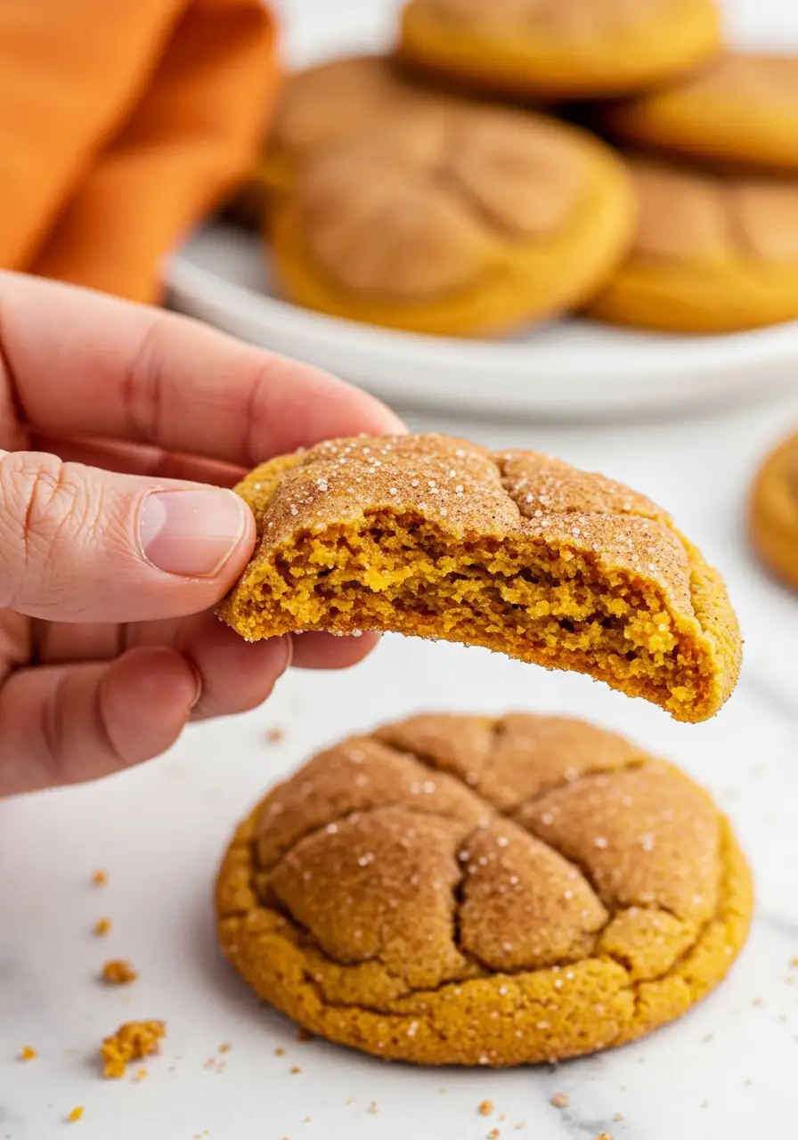 A hand holding a Pumpkin snickerdoodle cookie with a bite taken out of it.
